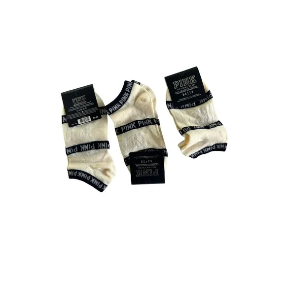 Victoria's Secret PINK Collegiate Ankle Socks 3 Pack Cream Black Logo One Size