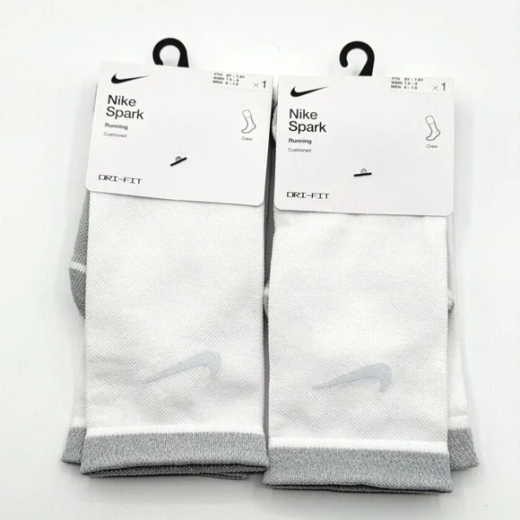 Nike Spark‎ Crew, Cushioned Socks (2 Pairs) Size 7.5 - 9 Womens White