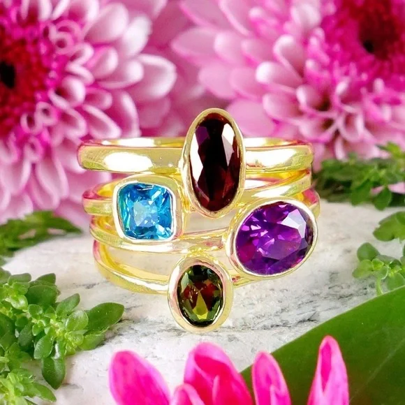 NEW 14k Gold Over Silver Geometric Gemstone 4 piece Stacked Ring Set