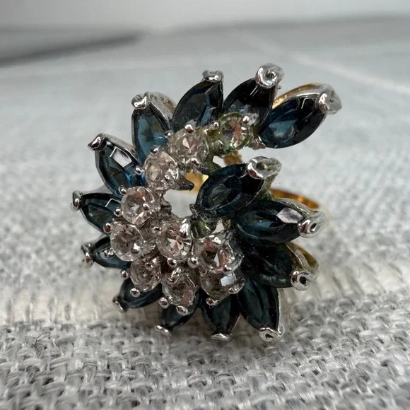 VTG Swirl Statement Ring Blue Clear Stones 18K GE American Ring Company