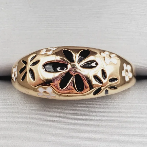 Yellow Gold Plated Floral Flower Enamel Dome Ring