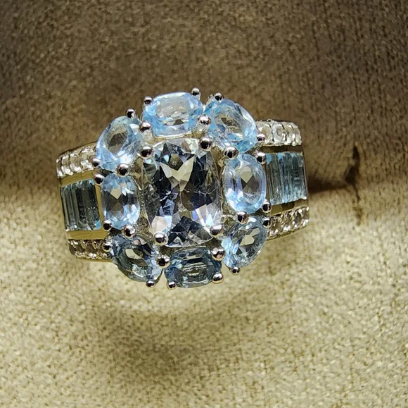 NWT Natural Aquamarine Sterling Silver Halo Ring SZ 10