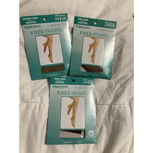 Walgreens Knee Highs Reinforced Toe One Size & Queen Lot of 3 NEW Suntan Coffee
