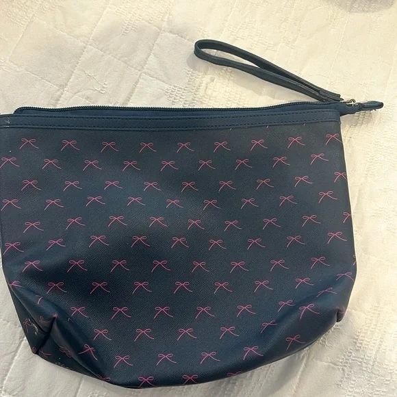 💥2/$10 Dabney Lee Navy Blue with pink bow ties canvas cosmetic bag