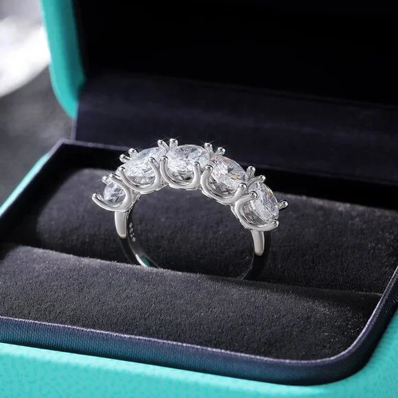 😍Lovely 5 Stone Round Dainty CZ Gems Silver Trendy Eternity Rings, K836