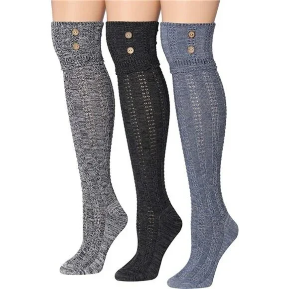 3 Pairs Women's Winter Knee High Over The Knee With Buttons Boot Socks