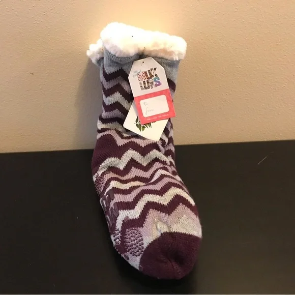 Muk Luks Purple and Gray Chevron Slipper Socks