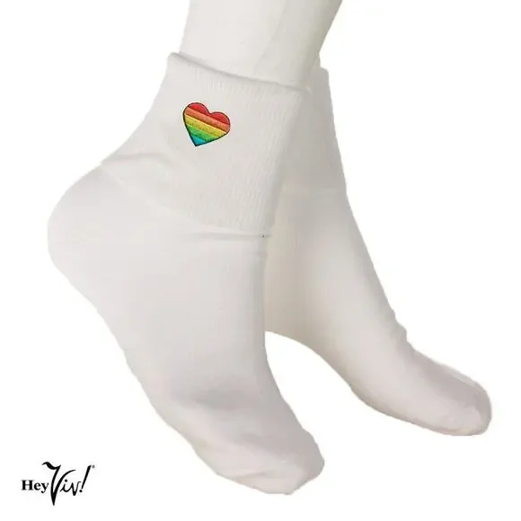 Rainbow Heart Bobby Socks Womens 9-11 Socks w Embroidered Appliques - Hey Viv
