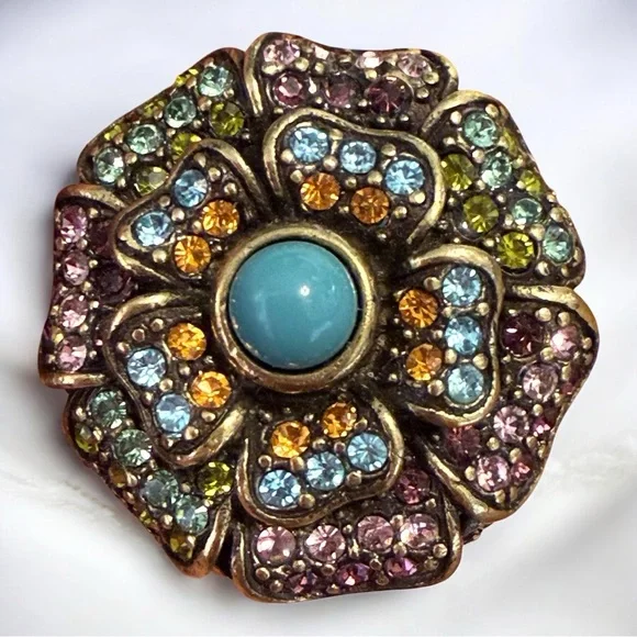 Heidi Daus Floral Crystal Ring Size 8 Turquoise Cabochon Statement Jewelry Glam