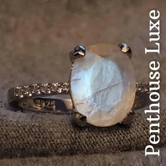 REAL Moonstone Radiant Oval Cut Sterling Silver Ring