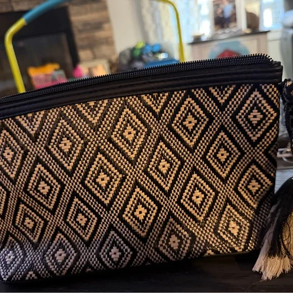 Altar’d State Clutch Black and Cream Geometric Patterned Women's Bag