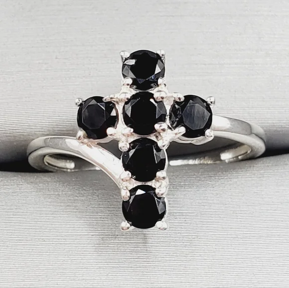 1 Carat Thai Black Spinel Stone Cross Ring - Women Jewelry