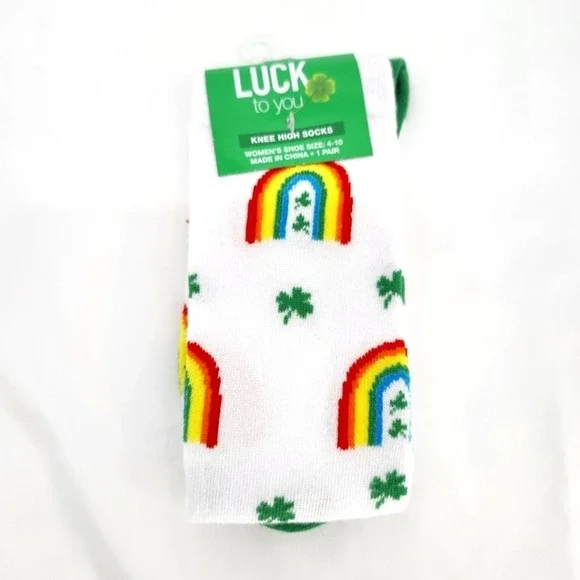 Luck To You NWT Kidcore Knee High Socks Size 4-10 Rainbow Four Leaf Clover AOP