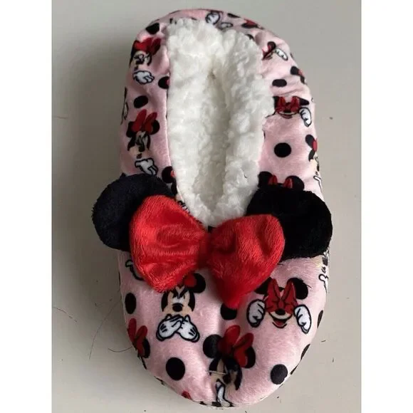 Disney Minnie Mouse Ears Bow Fuzzy‎ Babba Women’s Slipper Socks Sz S/M 5.5/7.5