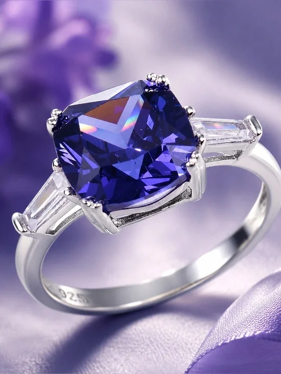 Blue & White CZ Sterling Silver Cushion Cut Ring Size 6 Simulated Tanzanite
