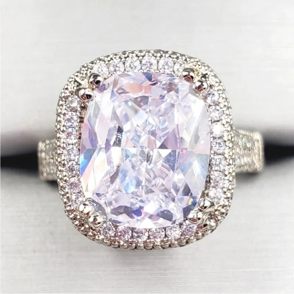 Cushion Cut White Diamond Simulants Silver Tone Pave Halo Engagement Ring