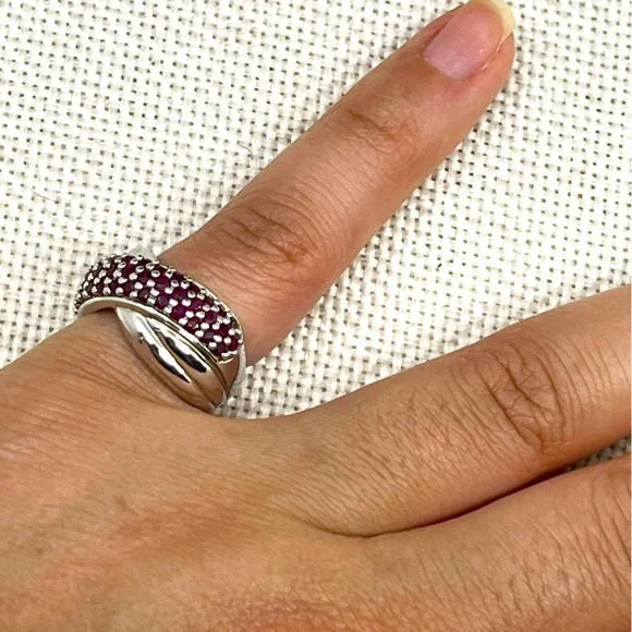 Vintage Estate Sterling Silver Wide Band Ring, Ruby Color Stones Size 5.75