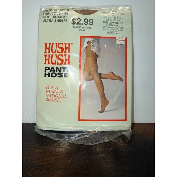 Vintage Hush Hush Pantyhose Mellow Beige Ultra Sheer Sandal Toe Sz C-D USA