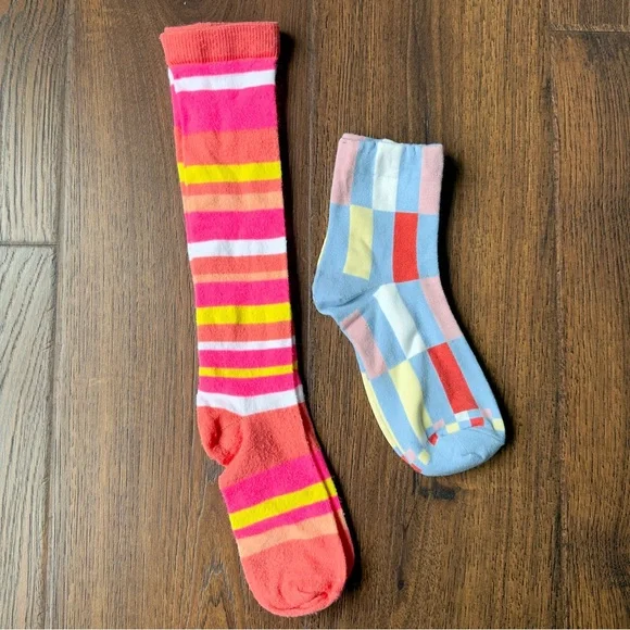 2 Pairs of Bright Orange Multi-Striped Knee Sock and Colorblock Ankle Sock Set