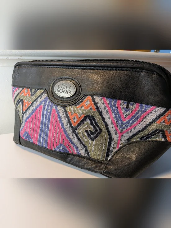Billabong Vintage Aztec Woven Cosmetic Bag Black Faux Leather Trim Boho Travel