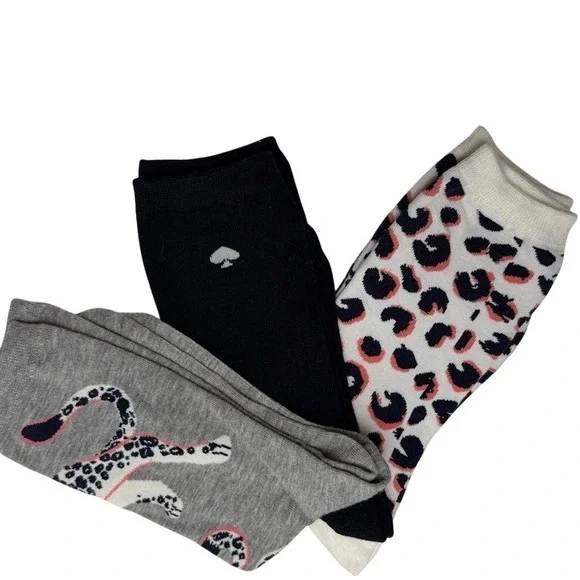 Kate Spade New York Womens Crew Socks 3 Pair Pack Leopard Print Black Grey NWT