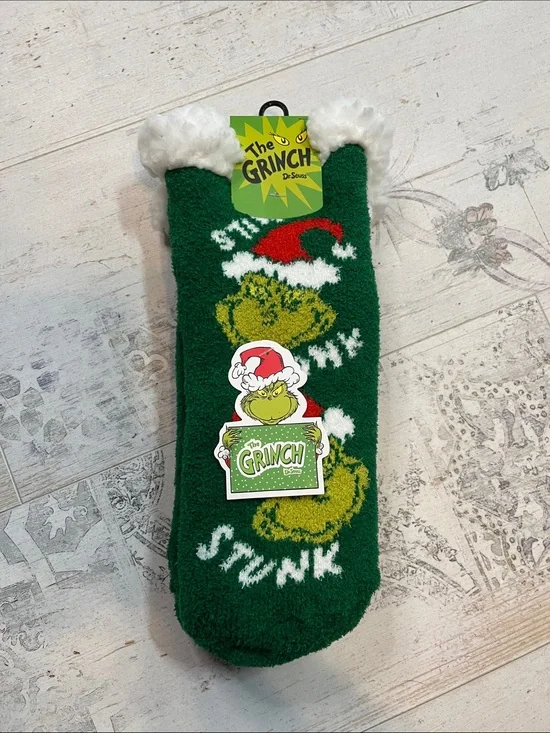 Bioworld The Grinch Dr Seuss Fuzzy Socks Size 5-10