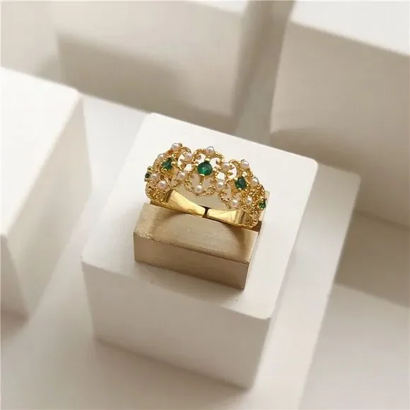 18K Gold Plated Filigree Lace Cutout Emerald Green Pearl Open Statement Ring