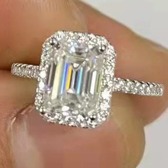 Certified 2ct. t.w. Moissanite Diamond Emerald Cut Engagement Ring NEW