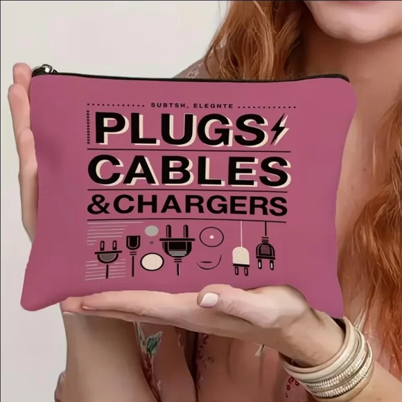 Women's Pink Black Plugs Cables Chargers Cosmetic Bag One Size
