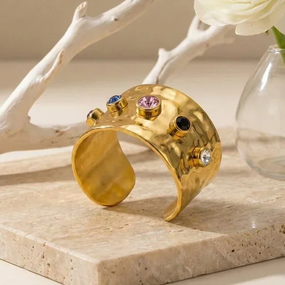 18K Gold Plated Hammered Ring Adjustable Colorful CZ Gemstones Bold Look