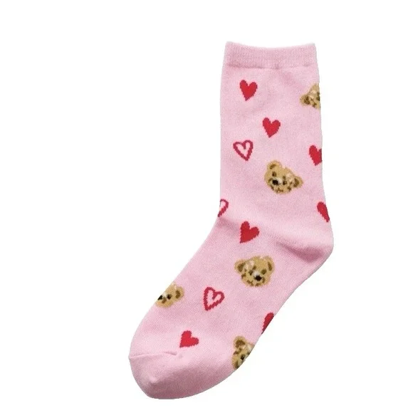 Zenana Heart Bear Artwork Pink Crew Socks‎ Cotton Blend Womens One Size NEW
