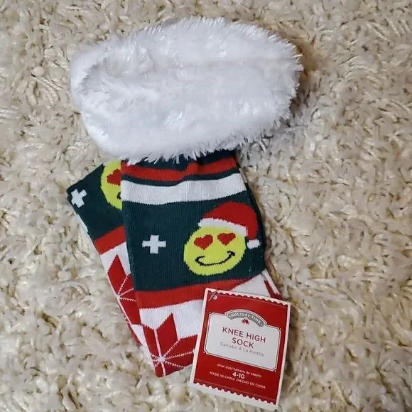 HOLIDAY TIME Emoji Knee High Holiday Socks with Fuzzy Trim