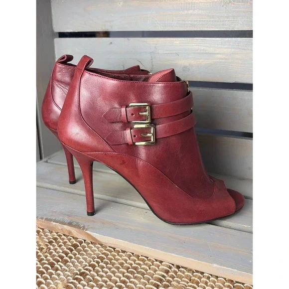 Michael Kors Red Leather Peep‎ Toe Ankle Boots Gold Buckle Zip Stiletto 9M