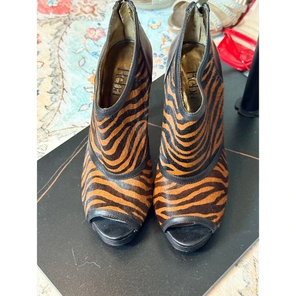 Reba Zebra Print Cow Hair Peep Toe Ankle Booties Heels Women's Size 7.5M