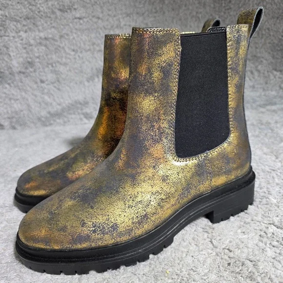 Ralph Lauren Corinne Chelsea Boots Metallic Gold Black Distressed Women 7.5 NEW