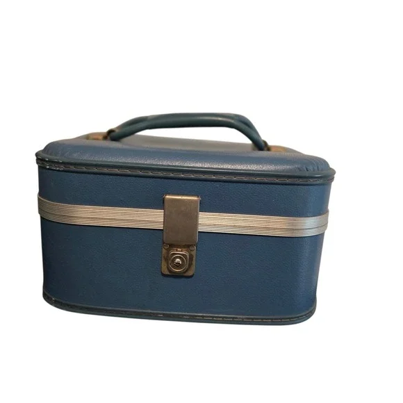 Vintage‎ Blue Hard Shell Train Case Makeup Vanity Travel Bag Mirror Mid Century