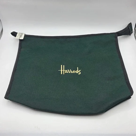 Harrods London Forest Green Canvas Zip Pouch Toiletry Bag Gold Embroidered Logo