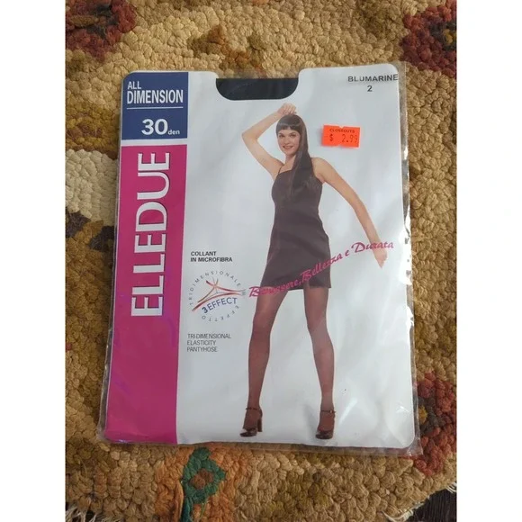 New ELLEDUE 30 Denier Tri-Dimensional Elasticity Pantyhose BluMarine Blue Size 2