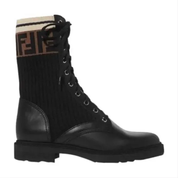 FENDI Rockoko FF logo jacquard stretch knit leather lace up biker boots