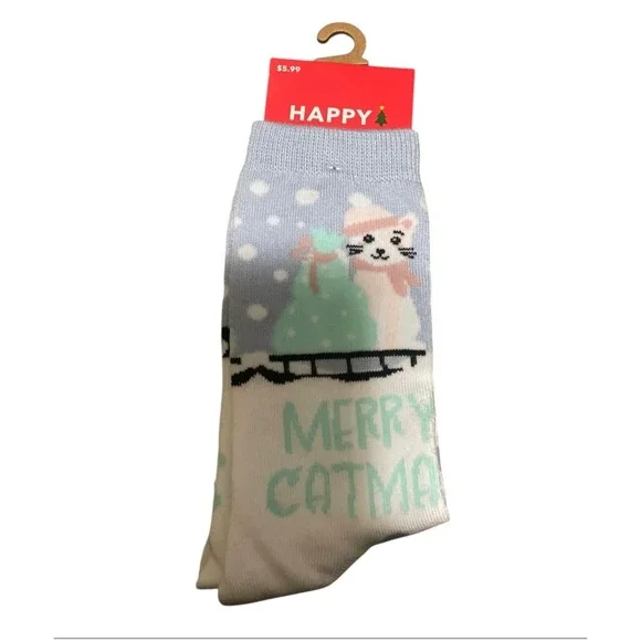 Happy Holiday Novelty Socks‎ Womens Cat Merry Catmas Winter Snow Gift