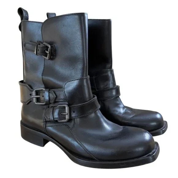 Diesel Black Gold Womens Leather Moto Buckle Boots EU 37 US 7 Western‎ Biker