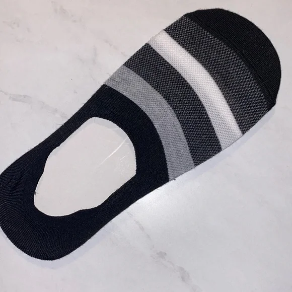 1 pair of black no show below the ankle socks w/ gray, charcoal, & white stripe​