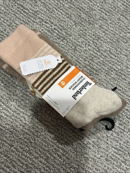 Timberland Neutral Tone Crew Socks with Pink and Brown Accents