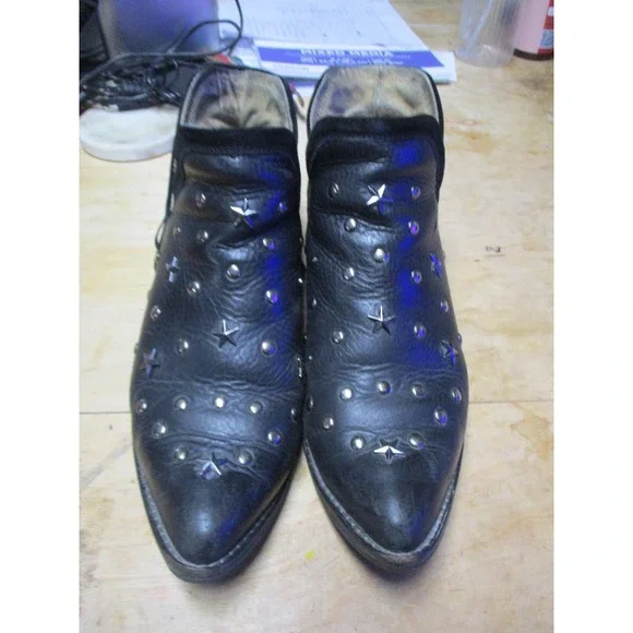 Black‎ Leather Star Studded Pointed Toe Ankle Boots Leopard Print Lining Womens