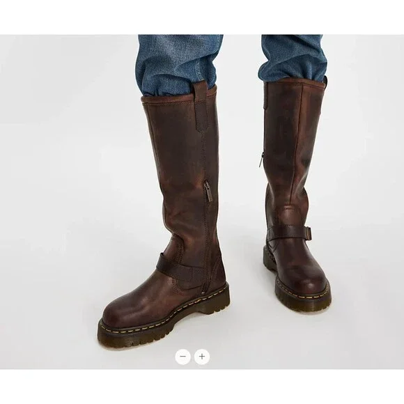 DR. MARTENS ANISTONE CRAZY HORSE BROWN KNEE HIGH LEATHER BIKER BOOTS $290 US 11
