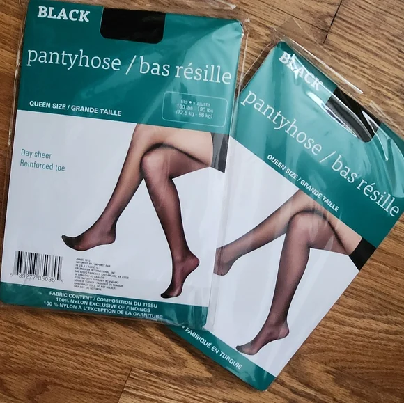 Queen Size Day Sheer Reinforced Toe Black Pantyhose 160-190 lbs