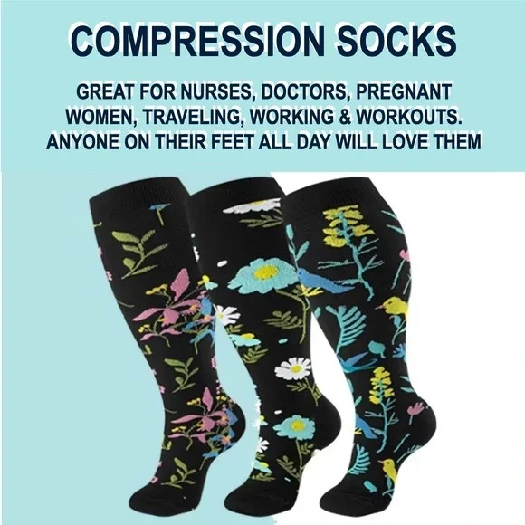Unisex 15-20‎ mmHg Compression Socks 4XL Floral Knee High Medical Black 3 Pack