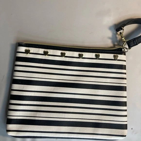 Betsey Johnson white black striped cosmetic make up travel bag