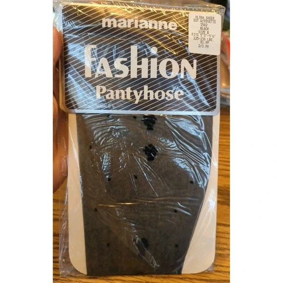 New Vintage Marianne Fashion Pantyhose Size B‎ Black Ultra Sheer Dot W/Rosette