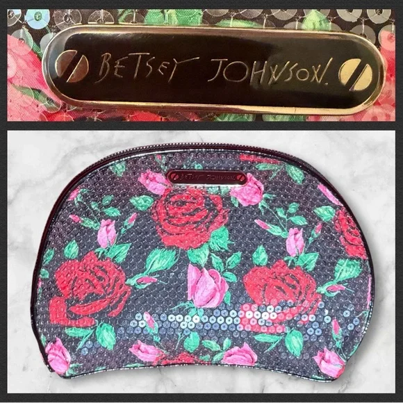 Sequined Betsey Johnson Floral Cosmetic Case BIG Makeup Bag Pouch Clutch leopard
